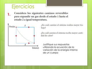 Ejercicios
1.
Justifique sus respuestas
utilizando la ecuación de la
variación de la energía interna
de un cuerpo
 