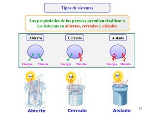 Tipos de sistemas
Las propiedades de las paredes permiten clasificar a
los sistemas en abiertos, cerrados y aislados
Sol
Abierto Cerrado Aislado
Energía Materia Energía Materia Energía Materia
12
Sol
Sol
Aislado
Abierto Cerrado
 