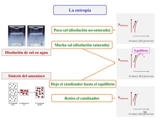 La entropía
Avance del proceso
SUniverso
Avance del proceso
SUniverso
Avance del proceso
SUniverso
Disolución de sal en agua
Síntesis del amoníaco
Poca sal (disolución no-saturada)
Mucha sal (disolución saturada)
Retiro el catalizador
Dejo el catalizador hasta el equilibrio
54
Equilibrio
 
