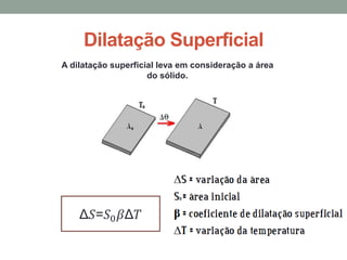 Dilatação Superficial
A dilatação superficial leva em consideração a área
do sólido.
Δܵ=𝑆0ߚΔܶ
 