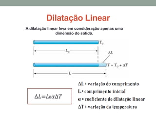 Dilatação Linear
A dilatação linear leva em consideração apenas uma
dimensão do sólido.
Δ‫ܮ=ܮ‬0ߙΔܶ
 