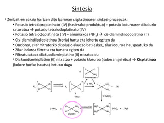 Sintesia
• Zenbait erreakzio hartzen ditu barnean cisplatinoaren sintesi-prozesuak:
     • Potasio tetrakloroplatinato (IV) (hasierako produktua) + potasio ioduroaren disoluzio
     saturatua  potasio tetraiodoplatinato (IV)
     • Potasio tetraiodoplatinato (IV) + amoniakoa (NH3)  cis-diamindiiodoplatino (II)
     • Cis-diamindiiodoplatinoa (horia) hartu eta lehortu egiten da
     • Ondoren, zilar nitratozko disoluzio akuoso bati esker, zilar ioduroa hauspeatuko da
     • Zilar ioduroa filtratu eta banatu egiten da
     • Filtratutakoak diakuodiaminplatino (II) nitratoa du
     • Diakuodiaminplatino (II) nitratoa + potasio kloruroa (soberan gehituz)  Cisplatinoa
     (kolore horiko hautsa) lortuko dugu
 