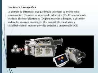 La cámara termográfica
La energía de infrarrojos (A) que irradia un objeto se enfoca con el
sistema óptico (B) sobre un detector de infrarrojos (C). El detector envía
los datos al sensor electrónico (D) para procesar la imagen. Y el sensor
traduce los datos en una imagen (E), compatible con el visor y
visualizable en un monitor de vídeo estándar o una pantalla LCD
 