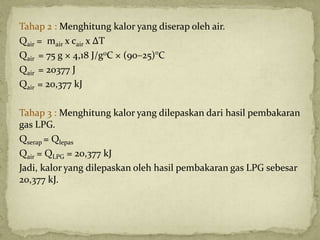 Tahap 2 : Menghitung kalor yang diserap oleh air.
Qair = mair x cair x ΔT
Qair = 75 g × 4,18 J/g0C × (90–25)°C
Qair = 20377 J
Qair = 20,377 kJ
Tahap 3 : Menghitung kalor yang dilepaskan dari hasil pembakaran
gas LPG.
Qserap = Qlepas
Qair = QLPG = 20,377 kJ
Jadi, kalor yang dilepaskan oleh hasil pembakaran gas LPG sebesar
20,377 kJ.
 