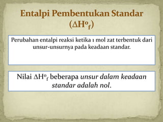 Perubahan entalpi reaksi ketika 1 mol zat terbentuk dari
unsur-unsurnya pada keadaan standar.
Nilai H0
f beberapa unsur dalam keadaan
standar adalah nol.
 