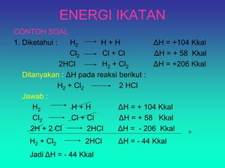 ENERGI IKATAN
CONTOH SOAL
1. Diketahui : H2 H + H ΔH = +104 Kkal
Cl2 Cl + Cl ΔH = + 58 Kkal
2HCl H2 + Cl2 ΔH = +206 Kkal
Ditanyakan : ΔH pada reaksi berikut :
H2 + Cl2 2 HCl
Jawab :
H2 H + H ΔH = + 104 Kkal
Cl2 Cl + Cl ΔH = + 58 Kkal
2H + 2 Cl 2HCl ΔH = - 206 Kkal +
H2 + Cl2 2HCl ΔH = - 44 Kkal
Jadi ΔH = - 44 Kkal
 