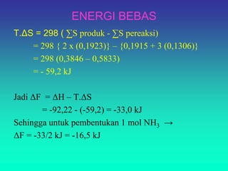 ENERGI BEBAS
T.ΔS = 298 ( ∑S produk - ∑S pereaksi)
= 298 { 2 x (0,1923)} – {0,1915 + 3 (0,1306)}
= 298 (0,3846 – 0,5833)
= - 59,2 kJ
Jadi ΔF = ΔH – T.ΔS
= -92,22 - (-59,2) = -33,0 kJ
Sehingga untuk pembentukan 1 mol NH3 →
ΔF = -33/2 kJ = -16,5 kJ
 