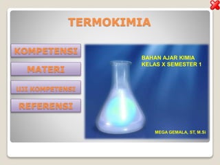 TERMOKIMIA
KOMPETENSI
MATERI
UJI KOMPETENSI
REFERENSI
BAHAN AJAR KIMIA
KELAS X SEMESTER 1
MEGA GEMALA, ST, M.Si
 