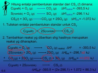 Hitung entalpi pembentukan standar dari CS2 (l) dimana:
C(grafit) + O2 (g) CO2 (g) ∆H0
= -393,5 kJreaksi
S(rombik) + O2 (g) SO2 (g) ∆H0
= -296.1 kJreaksi
CS2(l) + 3O2 (g) CO2 (g) + 2SO2 (g) ∆H0
= -1.072 kJrea
1. Tuliskan entalpi pembentukan standar untuk CS2
C(grafit) + 2S(rombik) CS2 (l)
2. Tambahkan reaksi yg diberikan shg hasilnya merupakan
reaksi yg diharapkan.
reaksiC(grafit) + O2 (g) CO2 (g) ∆H0
= -393,5 kJ
2S(rombik) + 2O2 (g) 2SO2 (g) ∆H0
= -296,1x2 kJrea
CO2(g) + 2SO2 (g) CS2 (l) + 3O2 (g) ∆H0
= +1.072 kJrea+
C(grafit) + 2S(rombik) CS2 (l)
∆H0
= -393,5 + (2x-296,1) + 1.072 = 86,3 kJrea6.6
 