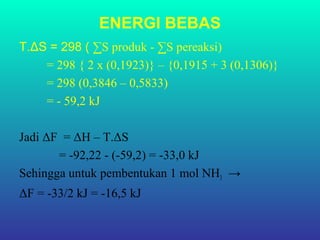 ENERGI BEBAS
T.ΔS = 298 ( ∑S produk - ∑S pereaksi)
= 298 { 2 x (0,1923)} – {0,1915 + 3 (0,1306)}
= 298 (0,3846 – 0,5833)
= - 59,2 kJ
Jadi ΔF = ΔH – T.ΔS
= -92,22 - (-59,2) = -33,0 kJ
Sehingga untuk pembentukan 1 mol NH3 →
ΔF = -33/2 kJ = -16,5 kJ
 