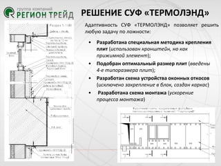 РЕШЕНИЕ СУФ «ТЕРМОЛЭНД»
Адаптивность СУФ «ТЕРМОЛЭНД» позволяет решить
любую задачу по ложности:
•

•
•
•

Разработана специальная методика крепления
плит (использован кронштейн, но как
прижимной элемент);
Подобран оптимальный размер плит (введены
4-е типоразмера плит);
Разработан схема устройства оконных откосов
(исключено закрепление в блок, создан каркас)
Разработана схема монтажа (ускорение
процесса монтажа)

 