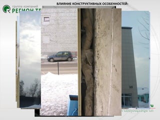 ВЛИЯНИЕ КОНСТРУКТИВНЫХ ОСОБЕННОСТЕЙ:
ВЕНТИЛИРУЕМЫЕ ФАСАДЫ

«Воздушный карман»
«Воздушный карман»

Интеграция утеплителя в систему
Интеграция утеплителя в систему

Интеграция утеплителя в
Механические повреждения ТИМ
Не соблюдение зазора
систему
Механические
Эксплуатационная повреждения ТИМ
Механические повреждения
безопасность
утеплителя

 