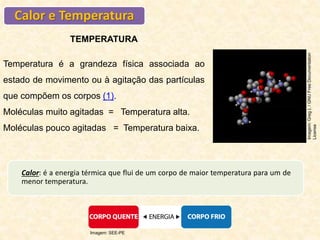 Calor e Temperatura
Calor: é a energia térmica que flui de um corpo de maior temperatura para um de
menor temperatura.
Imagem:
Greg
L
/
GNU
Free
Documentation
License
Imagem: SEE-PE
TEMPERATURA
Temperatura é a grandeza física associada ao
estado de movimento ou à agitação das partículas
que compõem os corpos (1).
Moléculas muito agitadas = Temperatura alta.
Moléculas pouco agitadas = Temperatura baixa.
 