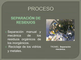  Separación

manual y
mecánica
de
los
residuos orgánicos de
los inorgánicos.
 Reciclaje de los vidrios
y metales.

TROMEL Separación
mecánica.

 
