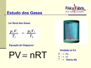 Estudo dos Gases
Lei Geral dos Gases

Equação de Clapeyron

PV = nRT

Unidade no S.I.
P
V
T

Pa
m3
Kelvin (K)

 