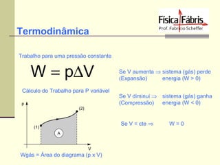 Termodinâmica
Trabalho para uma pressão constante

W = p∆V
Cálculo do Trabalho para P variável

Se V aumenta ⇒ sistema (gás) perde
(Expansão)
energia (W > 0)
Se V diminui ⇒
(Compressão)

Se V = cte ⇒

Wgás = Área do diagrama (p x V)

sistema (gás) ganha
energia (W < 0)

W=0

 