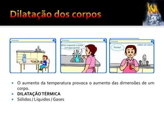  O aumento da temperatura provoca o aumento das dimensões de um
corpo.
 DILATAÇÃOTÉRMICA
 Sólidos / Líquidos / Gases
 
