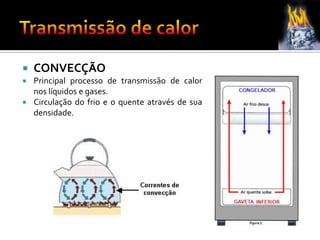  CONVECÇÃO
 Principal processo de transmissão de calor
nos líquidos e gases.
 Circulação do frio e o quente através de sua
densidade.
 