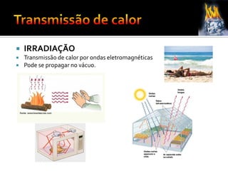  IRRADIAÇÃO
 Transmissão de calor por ondas eletromagnéticas
 Pode se propagar no vácuo.
 