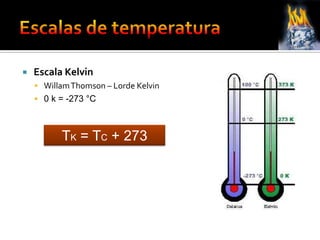  Escala Kelvin
 WillamThomson – Lorde Kelvin
 0 k = -273 °C
TK = TC + 273
 
