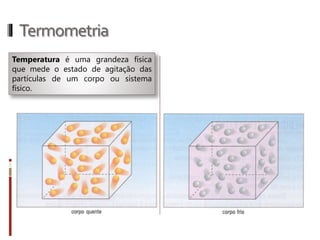 Termologia
Temperatura é uma grandeza física que mede o estado de agitação das partículas de um
corpo ou sistema físico.
 