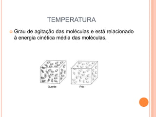 TEMPERATURA
 Grau de agitação das moléculas e está relacionado
à energia cinética média das moléculas.
 