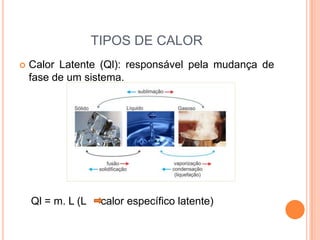 TIPOS DE CALOR
 Calor Latente (Ql): responsável pela mudança de
fase de um sistema.
Ql = m. L (L calor específico latente)
 