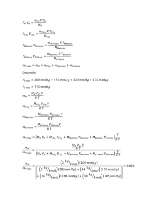 𝑃 𝐻 𝑉𝐻 =
𝑚 𝐻 𝑅 𝑇 𝐻
𝑀 𝐻
𝑃𝐶𝑂2
𝑉𝐶𝑂2
=
𝑚 𝐶𝑂2
𝑅 𝑇𝐶𝑂2
𝑀 𝐶𝑂2
𝑃 𝑀𝑒𝑡𝑎𝑛𝑜 𝑉 𝑀𝑒𝑡𝑎𝑛𝑜 =
𝑚 𝑀𝑒𝑡𝑎𝑛𝑜 𝑅 𝑇 𝑀𝑒𝑡𝑎𝑛𝑜
𝑀 𝑀𝑒𝑡𝑎𝑛𝑜
𝑃𝐸𝑡𝑖𝑙𝑒𝑛𝑜 𝑉𝐸𝑡𝑖𝑙𝑒𝑛𝑜 =
𝑚 𝐸𝑡𝑖𝑙𝑒𝑛𝑜 𝑅 𝑇𝐸𝑡𝑖𝑙𝑒𝑛𝑜
𝑀 𝐸𝑡𝑖𝑙𝑒𝑛𝑜
𝑚 𝑇𝑜𝑡𝑎𝑙 = 𝑚 𝐻 + 𝑚 𝐶𝑂2
+ 𝑚 𝑀𝑒𝑡𝑎𝑛𝑜 + 𝑚 𝐸𝑡𝑖𝑙𝑒𝑛𝑜
Desarrollo
𝑃 𝑇𝑜𝑡𝑎𝑙 = 200 𝑚𝑚𝐻𝑔 + 150 𝑚𝑚𝐻𝑔 + 320 𝑚𝑚𝐻𝑔 + 105 𝑚𝑚𝐻𝑔
𝑃 𝑇𝑜𝑡𝑎𝑙 = 775 𝑚𝑚𝐻𝑔
𝑚 𝐻 =
𝑀 𝐻 𝑃 𝐻 𝑉
𝑅 𝑇
𝑚 𝐶𝑂2
=
𝑀 𝐶𝑂2
𝑃𝐶𝑂2
𝑉
𝑅 𝑇
𝑚 𝑀𝑒𝑡𝑎𝑛𝑜 =
𝑀 𝑀𝑒𝑡𝑎𝑛𝑜 𝑃 𝑀𝑒𝑡𝑎𝑛𝑜 𝑉
𝑅 𝑇
𝑚 𝐸𝑡𝑖𝑙𝑒𝑛𝑜 =
𝑀 𝐸𝑡𝑖𝑙𝑒𝑛𝑜 𝑃𝐸𝑡𝑖𝑙𝑒𝑛𝑜 𝑉
𝑅 𝑇
𝑚 𝑇𝑜𝑡𝑎𝑙 = [𝑀 𝐻 𝑃 𝐻 + 𝑀 𝐶𝑂2
𝑃𝐶𝑂2
+ 𝑀 𝑀𝑒𝑡𝑎𝑛𝑜 𝑃 𝑀𝑒𝑡𝑎𝑛𝑜 + 𝑀 𝐸𝑡𝑖𝑙𝑒𝑛𝑜 𝑃𝐸𝑡𝑖𝑙𝑒𝑛𝑜]
𝑉
𝑅 𝑇
𝑚 𝐻
𝑚 𝑇𝑜𝑡𝑎𝑙
=
𝑀 𝐻 𝑃 𝐻 𝑉
𝑅 𝑇
[𝑀 𝐻 𝑃 𝐻 + 𝑀 𝐶𝑂2
𝑃𝐶𝑂2
+ 𝑀 𝑀𝑒𝑡𝑎𝑛𝑜 𝑃 𝑀𝑒𝑡𝑎𝑛𝑜 + 𝑀 𝐸𝑡𝑖𝑙𝑒𝑛𝑜 𝑃𝐸𝑡𝑖𝑙𝑒𝑛𝑜]
𝑉
𝑅 𝑇
𝑚 𝐻
𝑚 𝑇𝑜𝑡𝑎𝑙
=
(2
𝑘𝑔
𝑘𝑚𝑜𝑙
⁄ ) (200 𝑚𝑚𝐻𝑔)
[
(2
𝑘𝑔
𝑘𝑚𝑜𝑙
⁄ )(200 𝑚𝑚𝐻𝑔) + (44
𝑘𝑔
𝑘𝑚𝑜𝑙
⁄ )(150 𝑚𝑚𝐻𝑔)
+ (16
𝑘𝑔
𝑘𝑚𝑜𝑙
⁄ )(320 𝑚𝑚𝐻𝑔) + (30
𝑘𝑔
𝑘𝑚𝑜𝑙
⁄ )(105 𝑚𝑚𝐻𝑔)
]
= 0.026
 