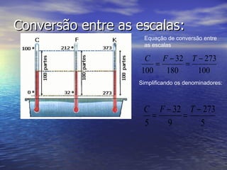 Conversão entre as escalas: Simplificando os denominadores: Equação de conversão entre as escalas C F T 