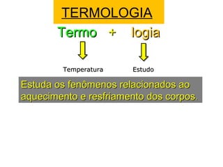 TERMOLOGIA
        Termo + logia

         Temperatura    Estudo

Estuda os fenômenos relacionados ao
aquecimento e resfriamento dos corpos .
 