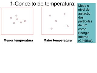 1-Conceito de temperatura:           Mede o
                                        nível de
                                        agitação
                                        das
                                        partículas
                                        de um
                                        corpo.
                                        Energia
                                        Interna
Menor temperatura   Maior temperatura   (Cínética).
 