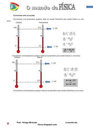 2



          Conversões entre as escalas

          Convertendo uma temperatura qualquer dada em escala Fahrenheit para escala Celsius ou vice-
verso:




         Convertendo uma temperatura qualquer dada em escala Kelvin para escala Celsius ou vice-verso:




          Convertendo uma temperatura qualquer dada em escala Kelvin para escala Fahrenheit ou vice-verso:




               Prof. Thiago Miranda                                              o-mundo-da-
                                           fisica.blogspot.com
 