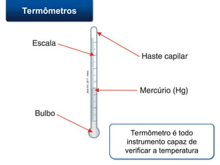Termômetros
Termômetro é todo
instrumento capaz de
verificar a temperatura
Jack
Art.
2011.
Vetor.
 