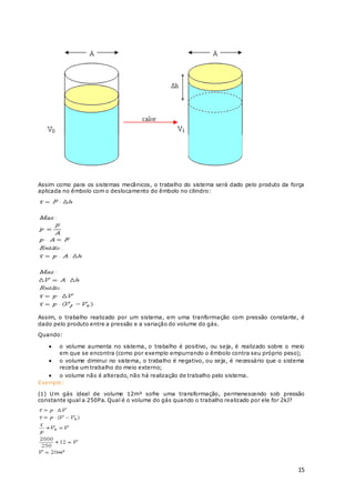15
Assim como para os sistemas mecânicos, o trabalho do sistema será dado pelo produto da força
aplicada no êmbolo com o deslocamento do êmbolo no cilindro:
Assim, o trabalho realizado por um sistema, em uma tranformação com pressão constante, é
dado pelo produto entre a pressão e a variação do volume do gás.
Quando:
 o volume aumenta no sistema, o trabalho é positivo, ou seja, é realizado sobre o meio
em que se encontra (como por exemplo empurrando o êmbolo contra seu próprio peso);
 o volume diminui no sistema, o trabalho é negativo, ou seja, é necessário que o sistema
receba um trabalho do meio externo;
 o volume não é alterado, não há realização de trabalho pelo sistema.
Exemplo:
(1) Um gás ideal de volume 12m³ sofre uma transformação, permenescendo sob pressão
constante igual a 250Pa. Qual é o volume do gás quando o trabalho realizado por ele for 2kJ?
 