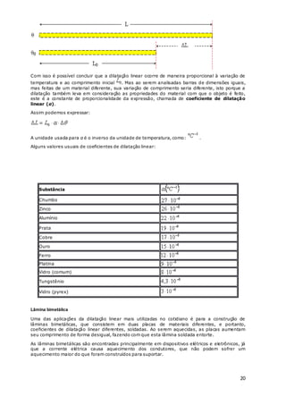 20
Com isso é possível concluir que a dilatação linear ocorre de maneira proporcional à variação de
temperatura e ao comprimento inicial . Mas ao serem analisadas barras de dimensões iguais,
mas feitas de um material diferente, sua variação de comprimento seria diferente, isto porque a
dilatação também leva em consideração as propriedades do material com que o objeto é feito,
este é a constante de proporcionalidade da expressão, chamada de coeficiente de dilatação
linear (α).
Assim podemos expressar:
A unidade usada para α é o inverso da unidade de temperatura, como: .
Alguns valores usuais de coeficientes de dilatação linear:
Substância
Chumbo
Zinco
Alumínio
Prata
Cobre
Ouro
Ferro
Platina
Vidro (comum)
Tungstênio
Vidro (pyrex)
Lâmina bimetálica
Uma das aplicações da dilatação linear mais utilizadas no cotidiano é para a construção de
lâminas bimetálicas, que consistem em duas placas de materiais diferentes, e portanto,
coeficientes de dilatação linear diferentes, soldadas. Ao serem aquecidas, as placas aumentam
seu comprimento de forma desigual, fazendo com que esta lâmina soldada entorte.
As lâminas bimetálicas são encontradas principalmente em dispositivos elétricos e eletrônicos, já
que a corrente elétrica causa aquecimento dos condutores, que não podem sofrer um
aquecimento maior do que foram construídos para suportar.
 