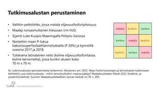 Tutkimusalustan perustaminen
• Valittiin peltolohko, jossa matala viljavuusfosforipitoisuus
• Maalaji runsasmultainen hiesusavi (rm HsS)
• Sijainti Luke Kuopio Maaningalla Pohjois-Savossa
• Nostettiin maan P-lukua
kaksoissuperfosfaattilannoituksella (P 20%) ja kynnöillä
vuosina 2017 ja 2018.
• Tuloksena latinalainen neliö (kolme viljavuusfosforitasoa,
kolme kerrannetta), jossa kunkin alueen koko
70 m x 70 m.
Ks. tutkimusalustan perustamisesta tarkemmin: Mustonen ym. 2022. Maan fosforivarantojen ja lannoituksen tutkimiseen
kehitettiin uusi tutkimusalusta – mihin lannoitusfosfori maassa päätyy? Maataloustieteen Päivät 2022, Esitelmä- ja
posteritiivistelmät. Suomen Maataloustieteellisen seuran tiedote no 39. s. 205.
matala keskim. korkea
korkea matala keskim.
keskim. korkea matala
 