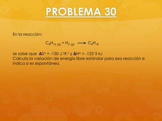 PROBLEMA 30
En la reacción:

                  C8H16 (g) + H2 (g)   C8H18

se sabe que ΔSo = -130 J.oK-1 y ΔHo = -125’5 kJ
Calcula la variación de energía libre estándar para esa reacción e
indica si es espontánea.
 