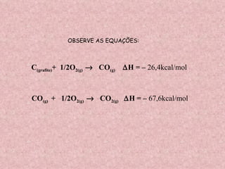 OBSERVE AS EQUAÇÕES: C (grafite) +  1/2O 2(g)      CO (g)   H = –  26,4kcal/mol CO (g)  +  1/2O 2(g)      CO 2(g)   H = –  67,6kcal/mol 