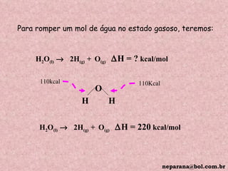 Para romper um mol de água no estado gasoso, teremos: H 2 O (l)     2H (g)  +   O (g)   H = ?  kcal/mol 110Kcal 110kcal  H 2 O (l)     2H (g)  +   O (g)   H = 220  kcal/mol [email_address] O H  H 
