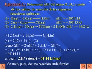 Ejercicio C:   Determinar   H f 0  del eteno (C 2 H 4 ) a partir  de los calores de reacción de las siguientes reacciones químicas: (1)   H 2 (g) + ½ O 2 (g)    H 2 O(l)   H 1 0  = – 285’8 kJ   ( 2)  C(s) + O 2 (g)    CO 2 (g)   H 2 0  = – 393’13 kJ (3)  C 2 H 4 (g) + 3O 2 (g)    2CO 2 (g) + 2 H 2 O(l)   H 3 0  = – 1422 kJ (4) 2 C(s) + 2  H 2 (g)    C 2 H 4 (g) (4) = 2·(2) + 2·(1) – (3) luego   H 4 0  = 2·  H 2 0  + 2·  H 1 0  –   H 3 0  = = 2 · (–393’13 kJ) + 2 · (– 285’8 kJ) – (– 1422 kJ) =  = 64’14 kJ es decir   H f 0  (eteno) =  64’14 kJ/mol   Se trata, pues, de una reacción endotérmica. 