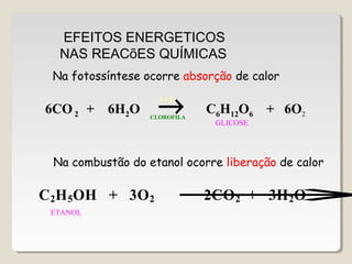 EFEITOS ENERGETICOS
NAS REACõES QUÍMICAS
6CO2 + 6H2O → C6H12O6 + 6O2
LUZ
CLOROFILA
GLICOSE
Na fotossíntese ocorre absorção de calor
C2H5OH + 3O2 →2CO2 + 3H2O
Na combustão do etanol ocorre liberação de calor
ETANOL
 