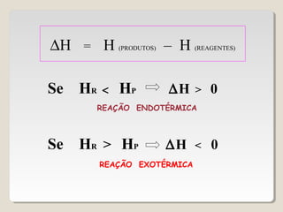 ∆H = H (PRODUTOS) – H (REAGENTES)
Se HR < HP ∆H > 0
Se HR > HP ∆H < 0
REAÇÃO ENDOTÉRMICA
REAÇÃO EXOTÉRMICA
 