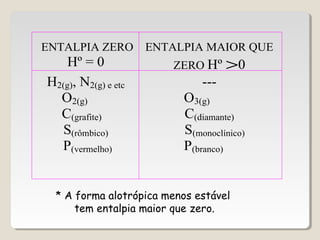 ENTALPIA ZERO
Hº = 0
ENTALPIA MAIOR QUE
ZERO Hº >0
H2(g), N2(g) e etc
O2(g)
C(grafite)
S(rômbico)
P(vermelho)
---
O3(g)
C(diamante)
S(monoclínico)
P(branco)
* A forma alotrópica menos estável
tem entalpia maior que zero.
 