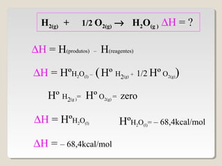 ∆H = H(produtos) – H(reagentes)
H2(g) + 1/2 O2(g) → H2O(g ) ∆H = ?
∆H = HºH2O(l) – (Hº H2(g) + 1/2 Hº O2(g))
Hº H2(g )= Hº O2(g) = zero
∆H = HºH2O(l) HºH2O(l)= – 68,4kcal/mol
∆H = – 68,4kcal/mol
 