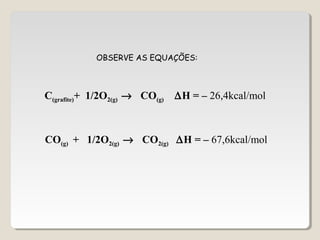 OBSERVE AS EQUAÇÕES:
C(grafite)+ 1/2O2(g) → CO(g) ∆H = – 26,4kcal/mol
CO(g) + 1/2O2(g) → CO2(g) ∆H = – 67,6kcal/mol
 