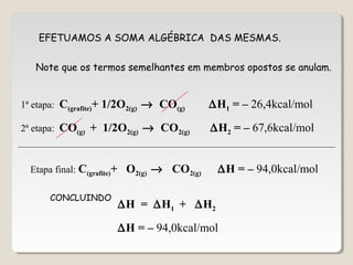 EFETUAMOS A SOMA ALGÉBRICA DAS MESMAS.
1ª etapa: C(grafite)+ 1/2O2(g) → CO(g) ∆H1 = – 26,4kcal/mol
2ª etapa: CO(g) + 1/2O2(g) → CO2(g) ∆H2 = – 67,6kcal/mol
∆H = – 94,0kcal/mol
CONCLUINDO
∆H = ∆H1 + ∆H2
∆H = – 94,0kcal/mol
Note que os termos semelhantes em membros opostos se anulam.
Etapa final: C(grafite)+ O2(g) → CO2(g)
 