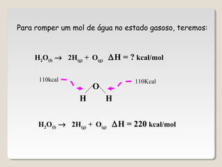 Para romper um mol de água no estado gasoso, teremos:
H2O(l) → 2H(g) + O(g) ∆H = ? kcal/mol
O
H H
110Kcal110kcal
H2O(l) → 2H(g) + O(g) ∆H = 220 kcal/mol
 