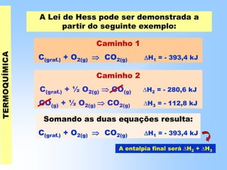 A Lei de Hess pode ser demonstrada a
partir do seguinte exemplo:
Caminho 2
C(graf.) + ½ O2(g)  CO(g) H2 = - 280,6 kJ
CO(g) + ½ O2(g)  CO2(g) H3 = - 112,8 kJ
A entalpia final será H2 + H3
Caminho 1
C(graf.) + O2(g)  CO2(g) H1 = - 393,4 kJ
Somando as duas equações resulta:
C(graf.) + O2(g)  CO2(g) H1 = - 393,4 kJ
 