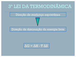 3ª LEI DA TERMODINÂMICA
   Direção de mudança espontânea



 Direção da diminuição da energia livre




          ΔG = ΔH - T ΔS
 