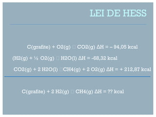 LEI DE HESS


       C(grafite) + O2(g)  CO2(g) ΔH = – 94,05 kcal

(H2(g) + ½ O2(g)  H2O(l) ΔH = -68,32 kcal                           

CO2(g) + 2 H2O(l) CH4(g) + 2 O2(g) ΔH = + 212,87 kcal



    C(grafite) + 2 H2(g)  CH4(g) ΔH = ?? kcal
 